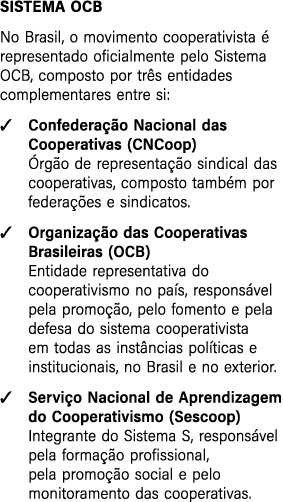 Sistema OCB No Brasil, o movimento cooperativista  representado oficialmente pelo Sistema OCB, composto por tr s ent...